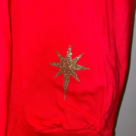 Bright red Christmas themed long sleeve t-shirt with gold sparkle emblem, NWT - Picture 3 of 6